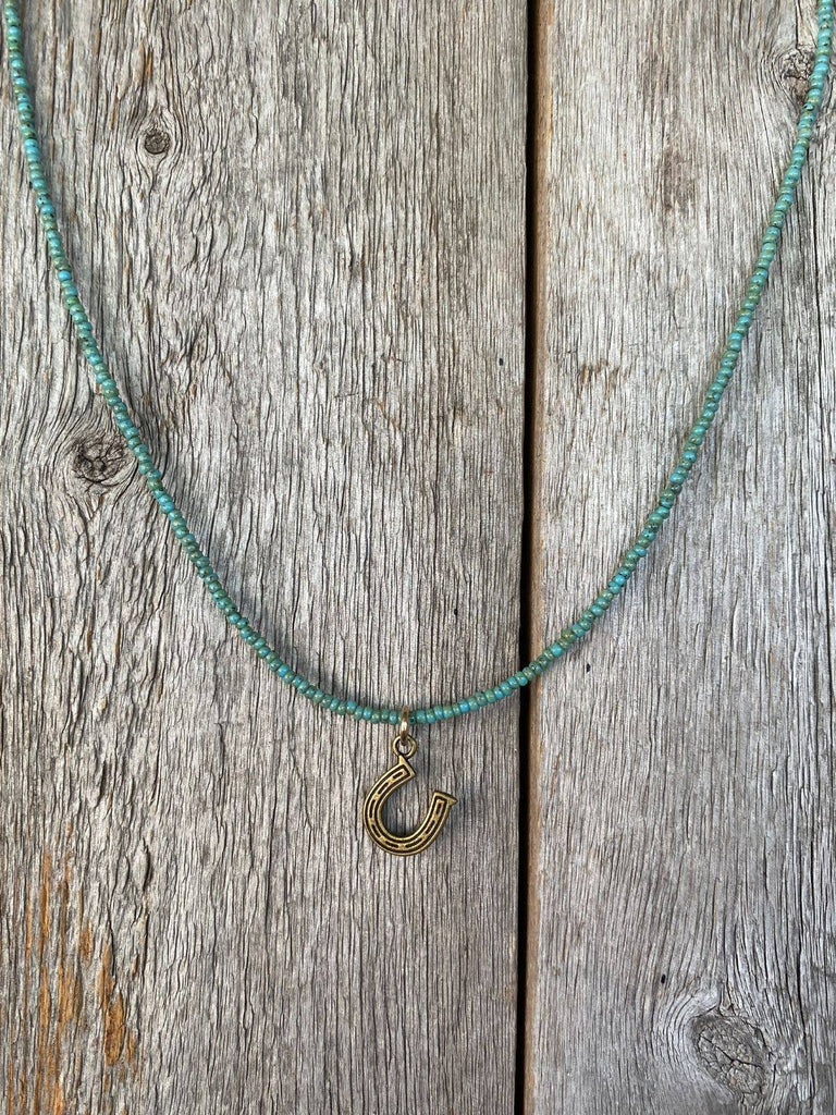 17606 Turq Seeds w/Bronze Horseshoe Charm Necklace
