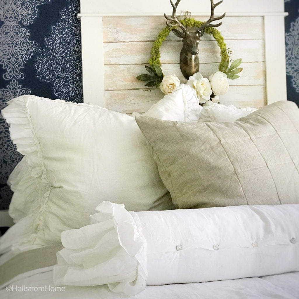 White Linen Ruffle Bolster Pillow Cover
