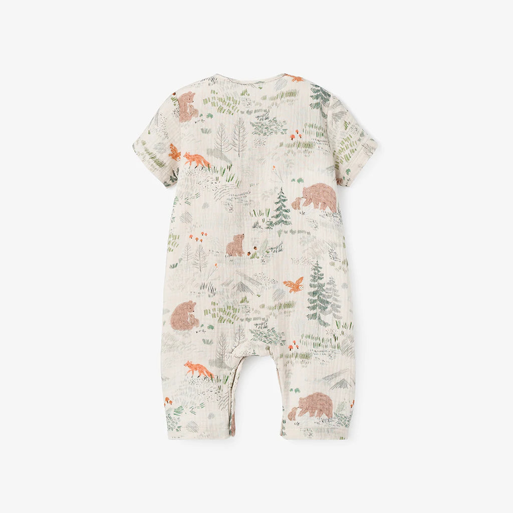 Bear Print - Short Sleeve Organic Muslin Baby Jumpsuit