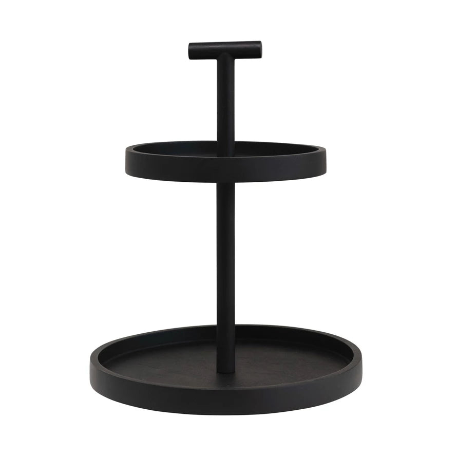 Black Wood 2-Tier Tray with Handle