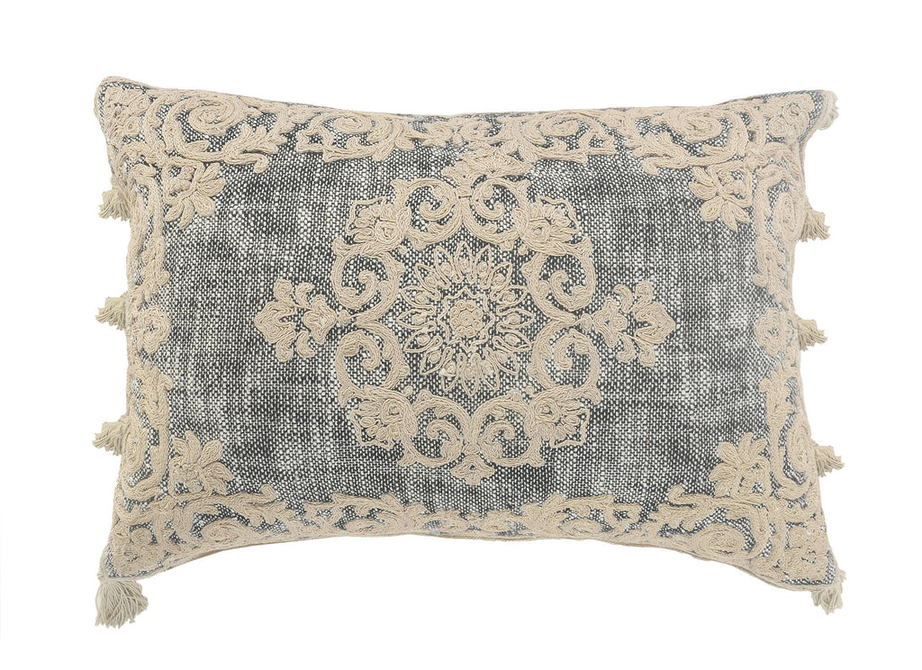 Medallion and Bordered Gray and Ivory Throw Pillow