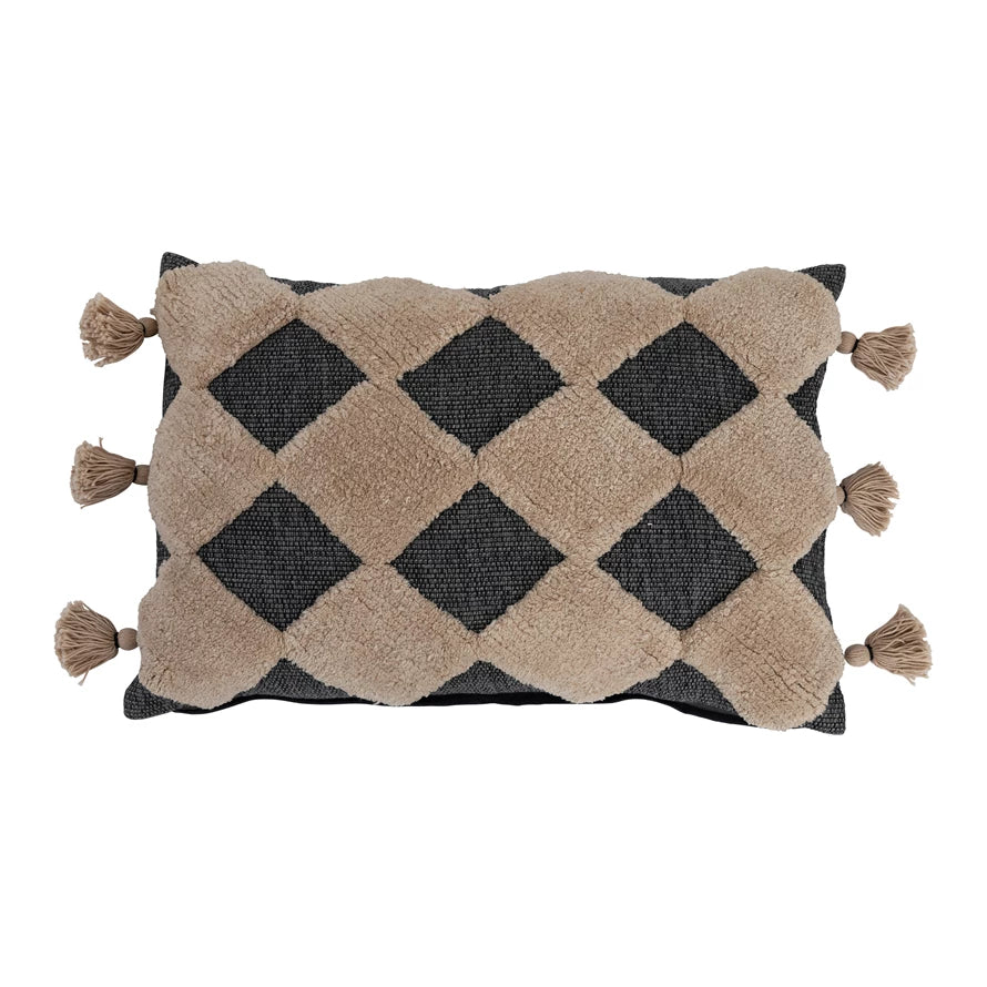 Cotton Lumbar Pillow with Tufted Diamond Pattern and Tassels