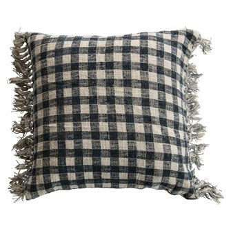 Blue Check Pillow with Fringe