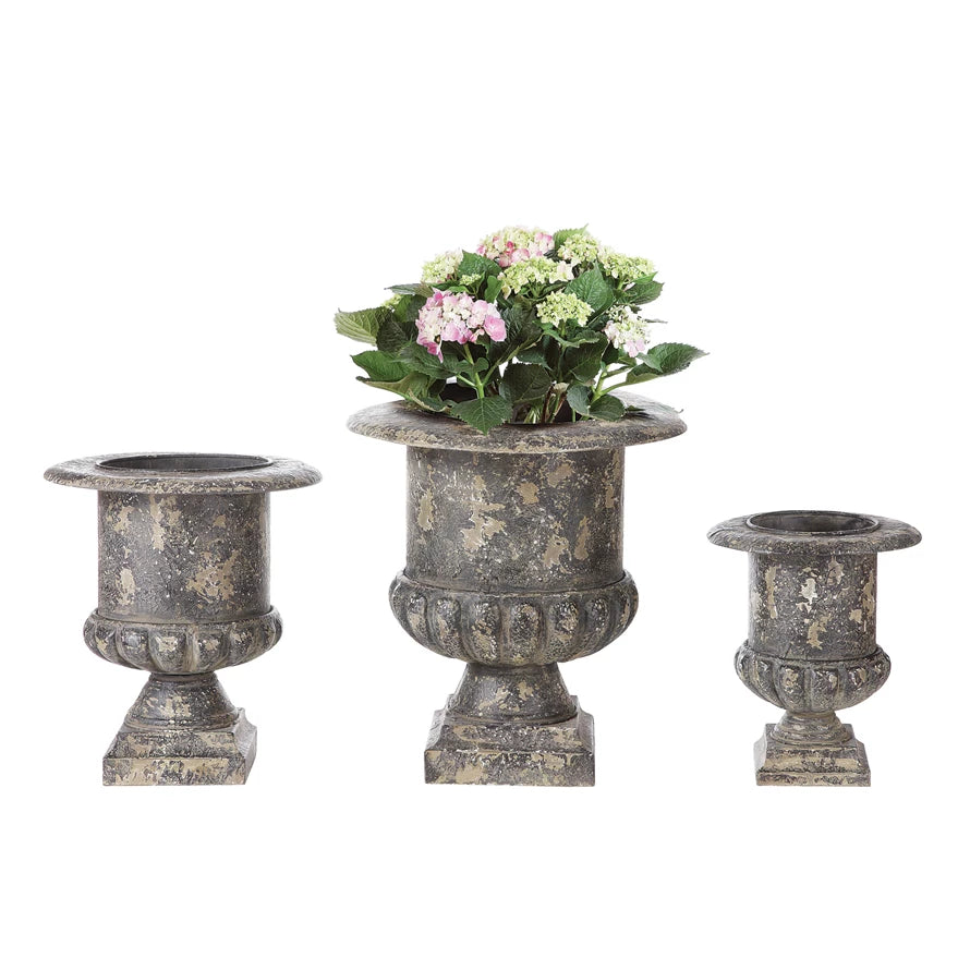 Distressed Metal Urns, Set of 3