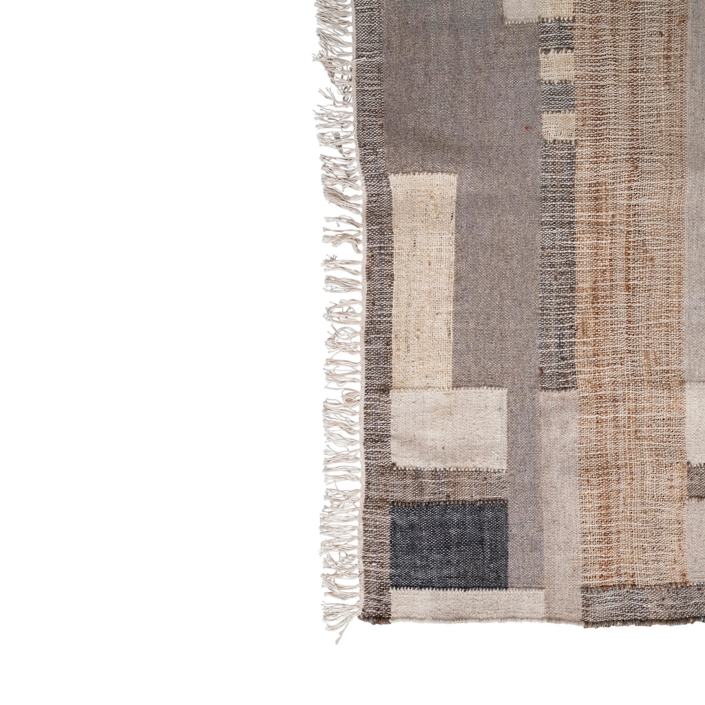 Wool Blend Dhurrie Rug with Geometric Design and Fringe