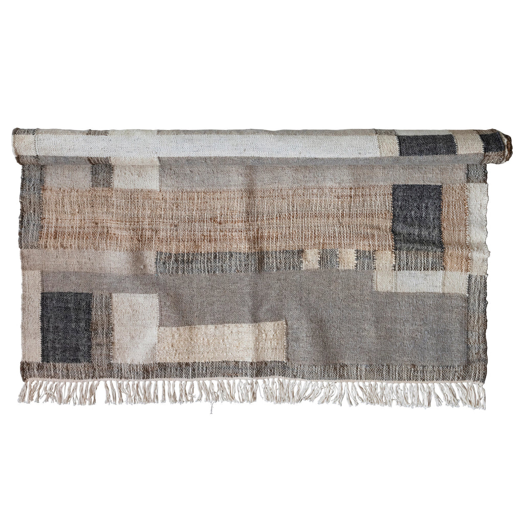 Wool Blend Dhurrie Rug with Geometric Design and Fringe