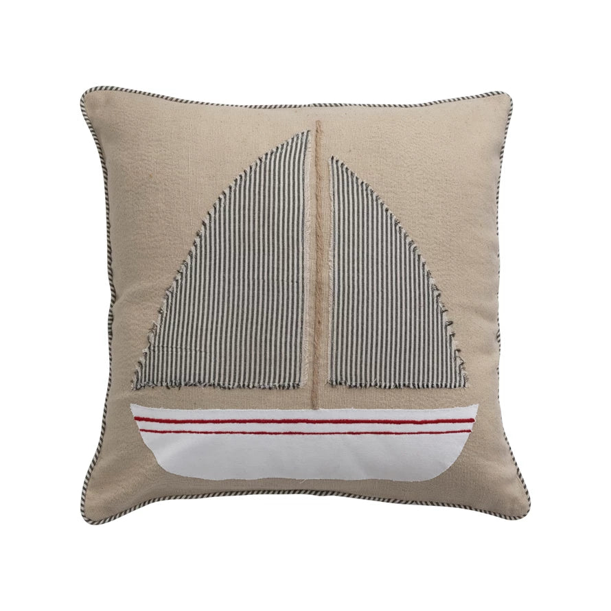 Cotton Pillow with Appliqued Boat and Striped Piping
