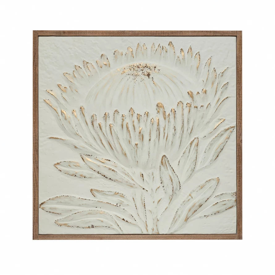 Wood Framed Metal Wall Décor with Embossed Protea, Antique White with Gold Brush Finish