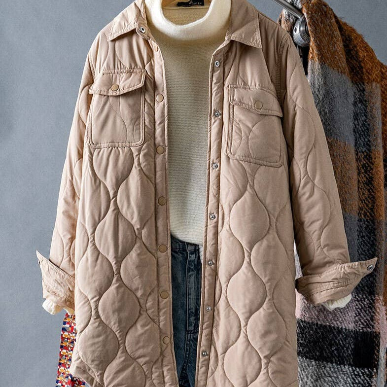 WAVE PATTERN QUILTED THIN PUFFER LONG JACKET
