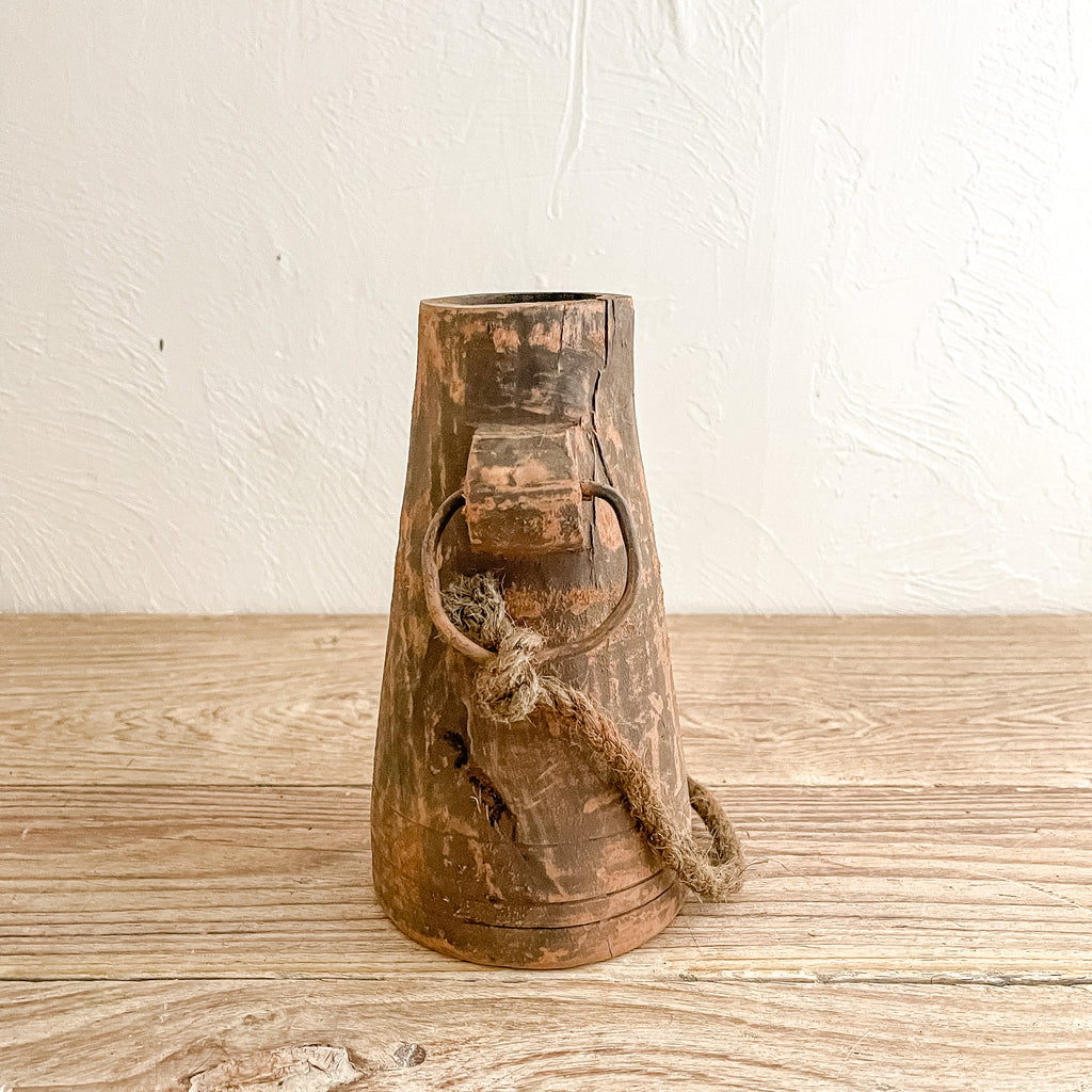 Wood Pot with Metal and Rope Handle