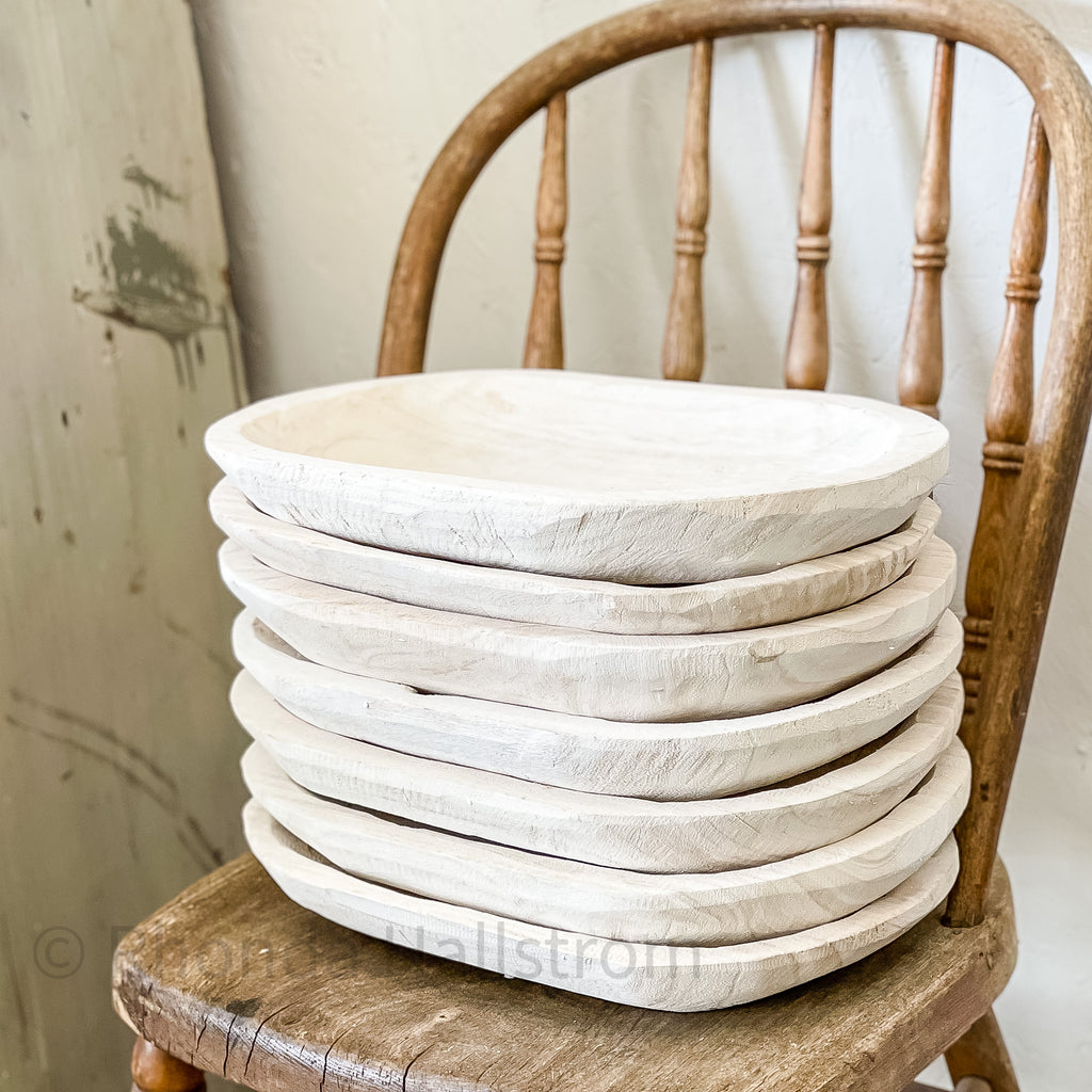 White Dough Bowl/ Wood Farmhouse Tray 