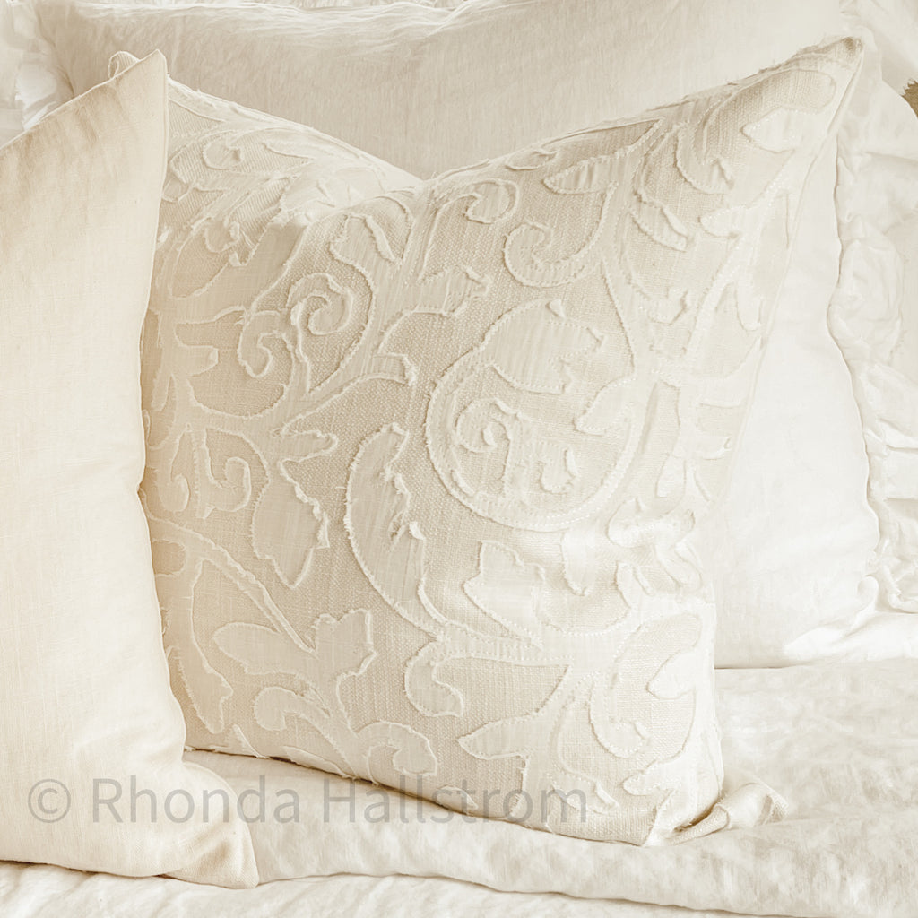 Cream Damask Linen Throw Pillow Cover