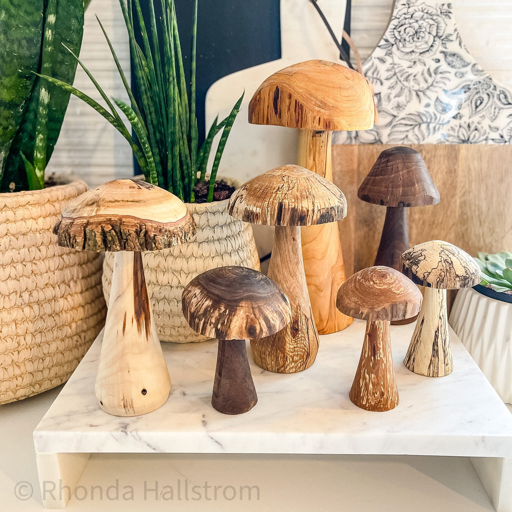 Hand carved wood mushrooms
