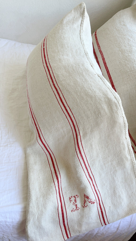  French Antique Grain Sack Pillow Cover Red Stripe