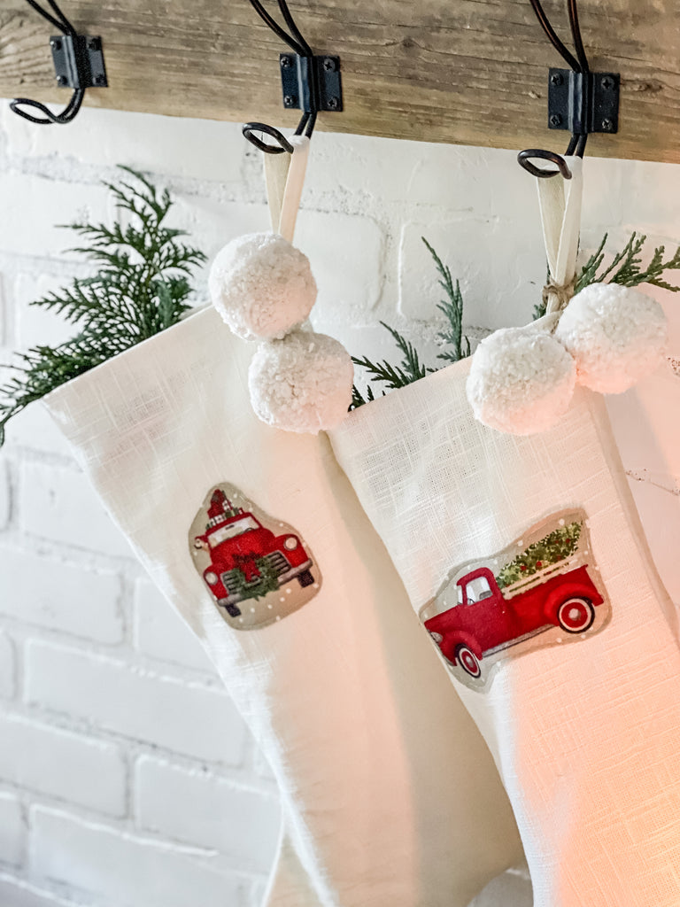 White Linen Christmas Stocking with Red Truck