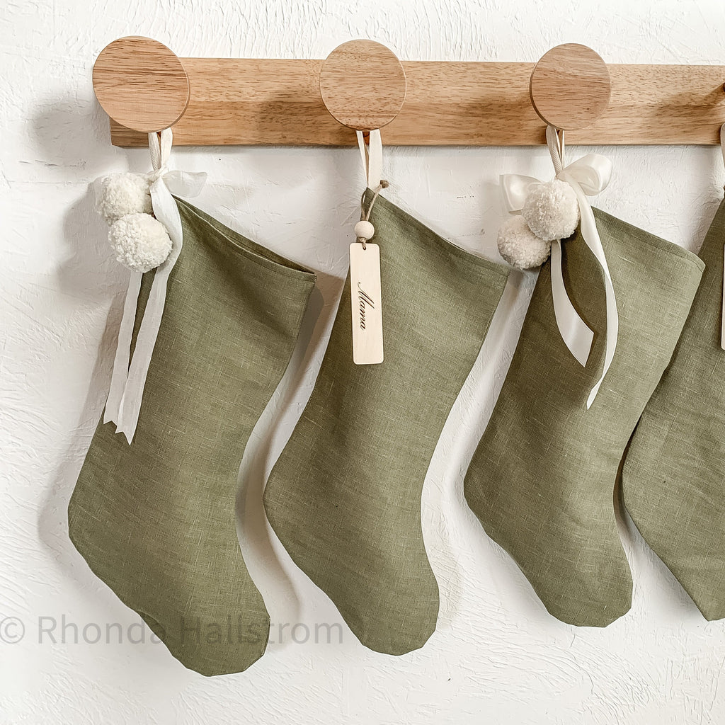 Christmas Sage Green Linen Stockings-Handmade