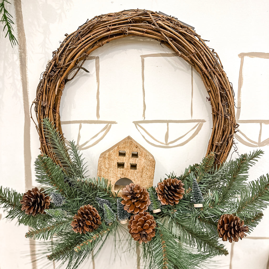 winter wreath wood house