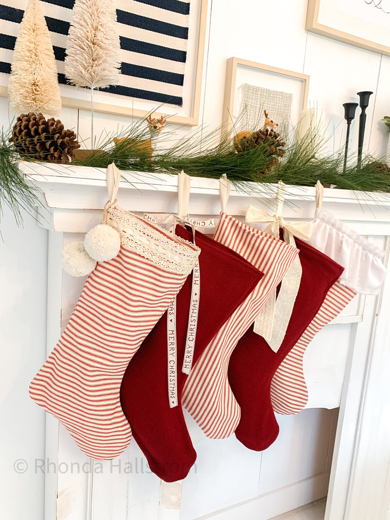 Set of 5 Red Christmas Stockings red ticking stripe with red wool