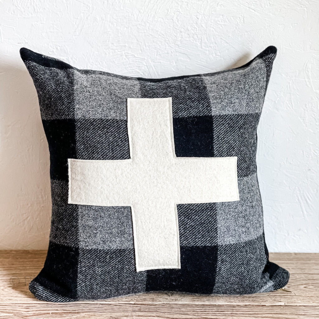 Pendleton Wool Pillow/ Black Buffalo Check Swiss Cross Throw Pillow/ 20” Farmhouse Pillow