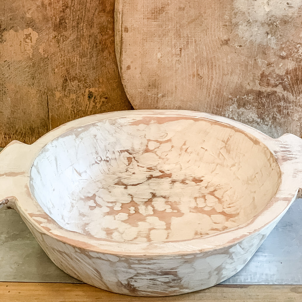 Large White Wood Dough Bowl with Handles