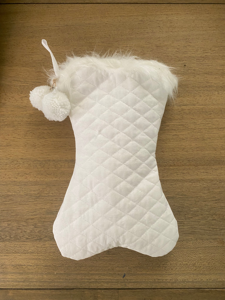 White Quilted Dog Bone Christmas Stocking Personalized Fur Trim