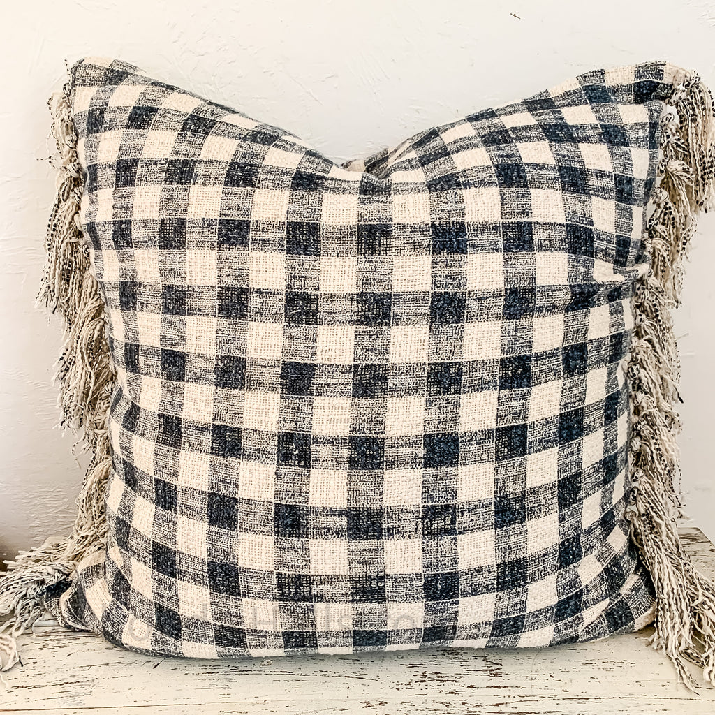 Blue Check Pillow with Fringe