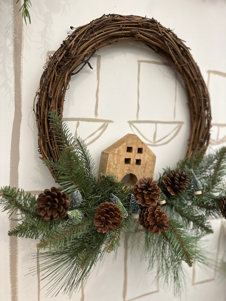 winter wreath wood house