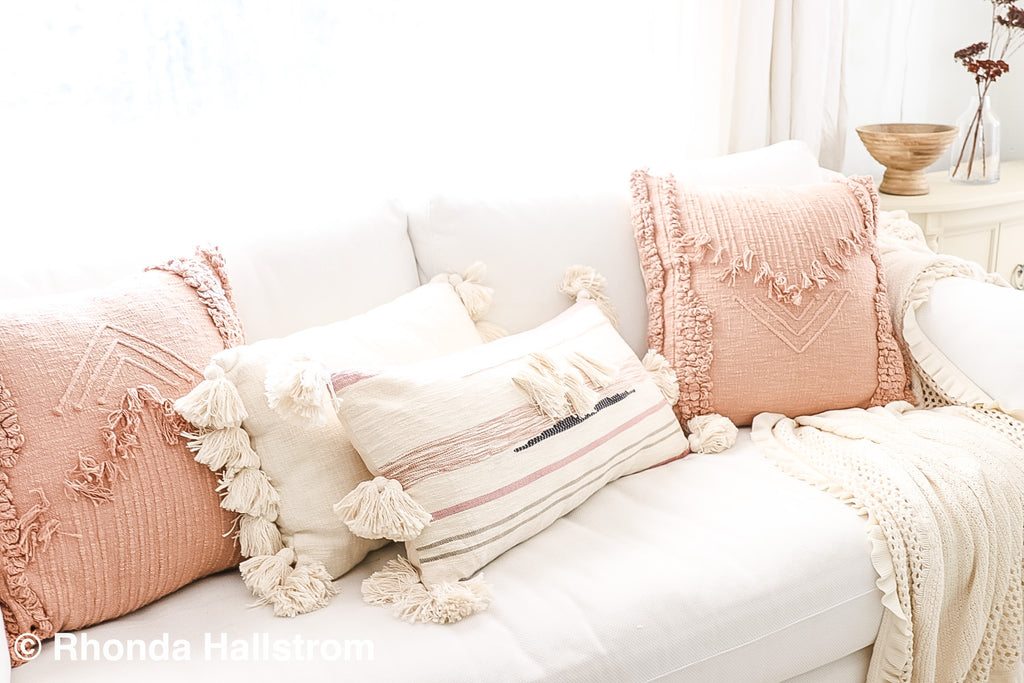 Pink Tassel Pillow/Pom Pom Throw Pillow Farmhouse Decor 