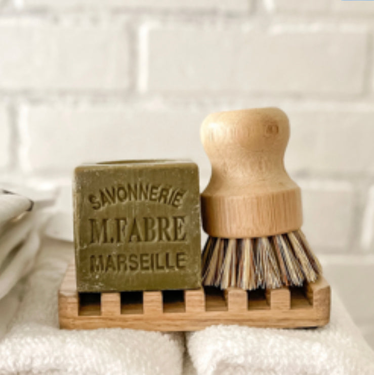 French milled soap bar, eco scrub brush and Wood tray gift set