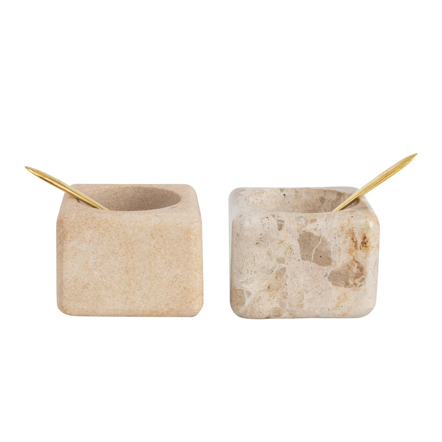 Marble/Sandstone Pinch Pot with Brass Spoon,