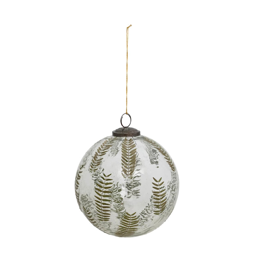 Hand-Blown Glass Ball Ornament with Embedded Natural Botanical