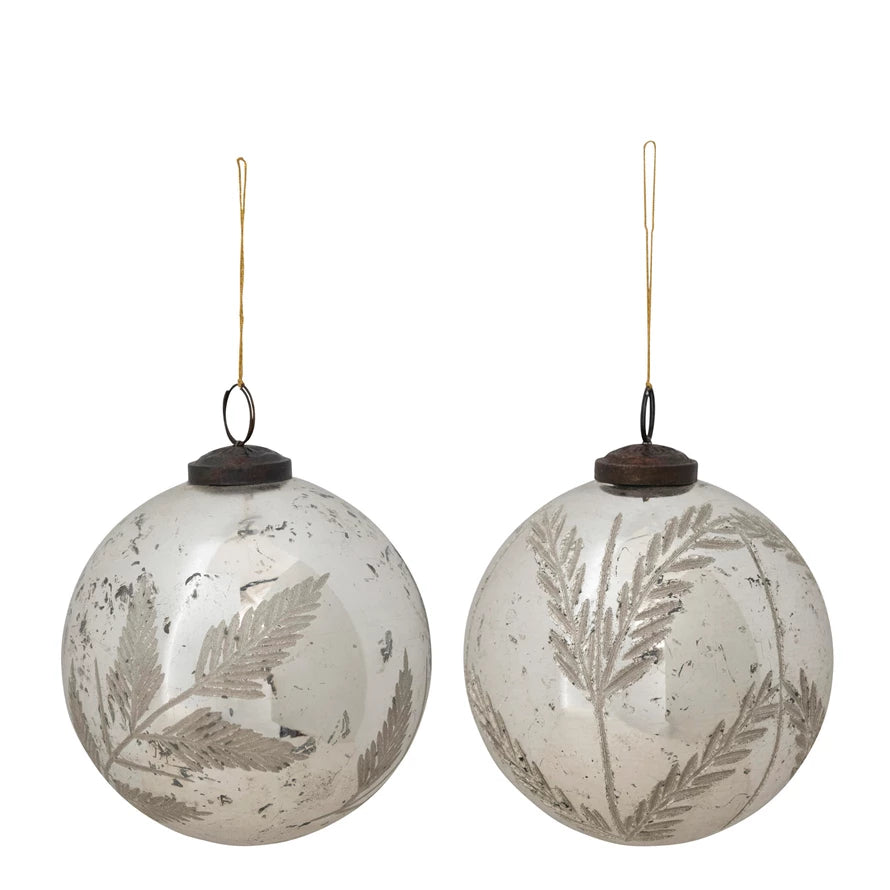 Mercury Glass Ball Ornament with Etched Botanical, Distressed Silver Finish