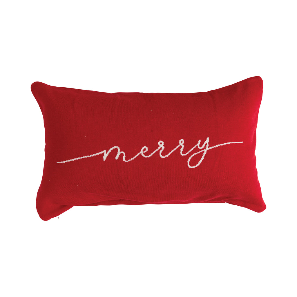 24"L x 16"H Cotton Knit Lumbar Pillow "Merry", Red and Cream Color