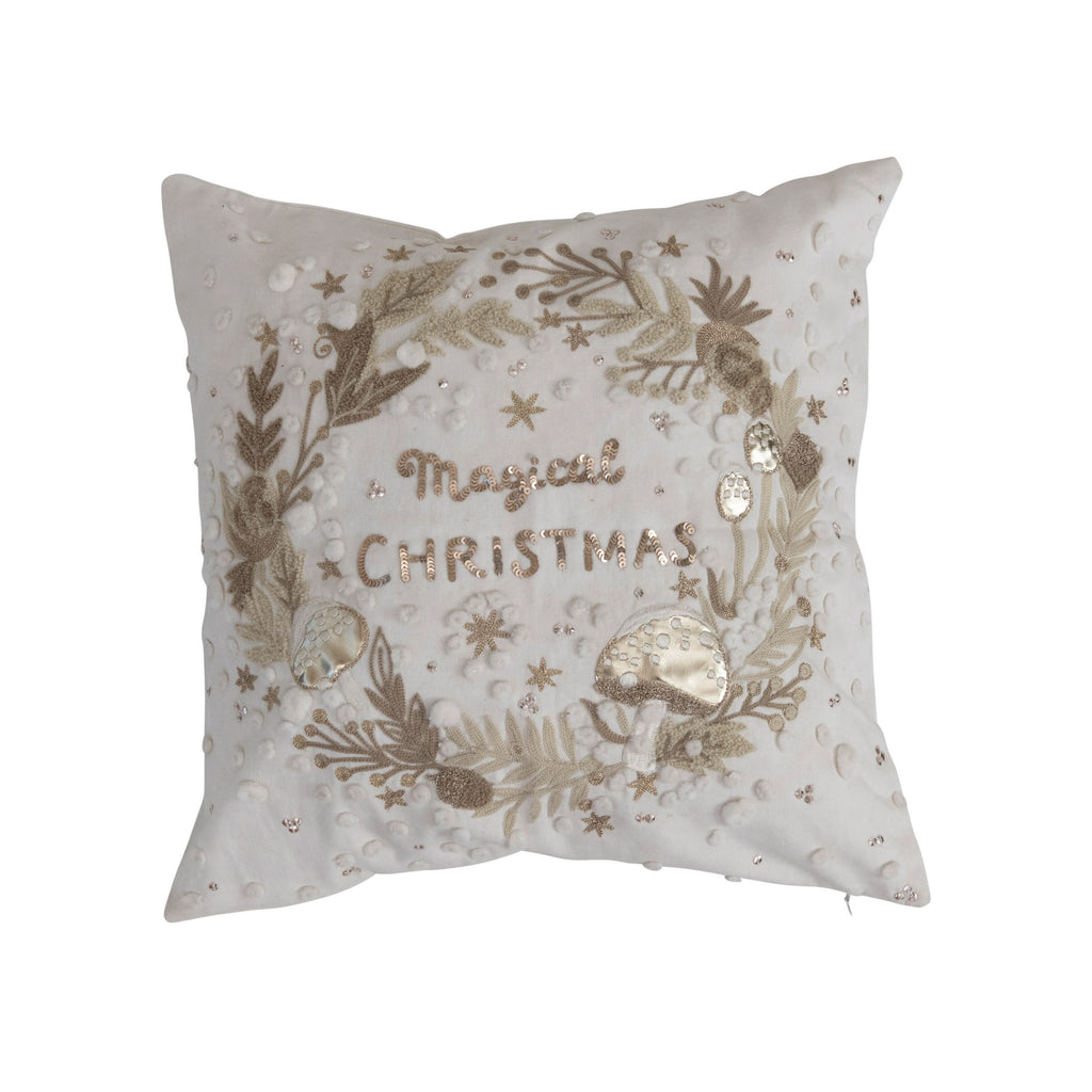 Cotton Pillow with Wreath, Embroidery and Applique "Magical Christmas"