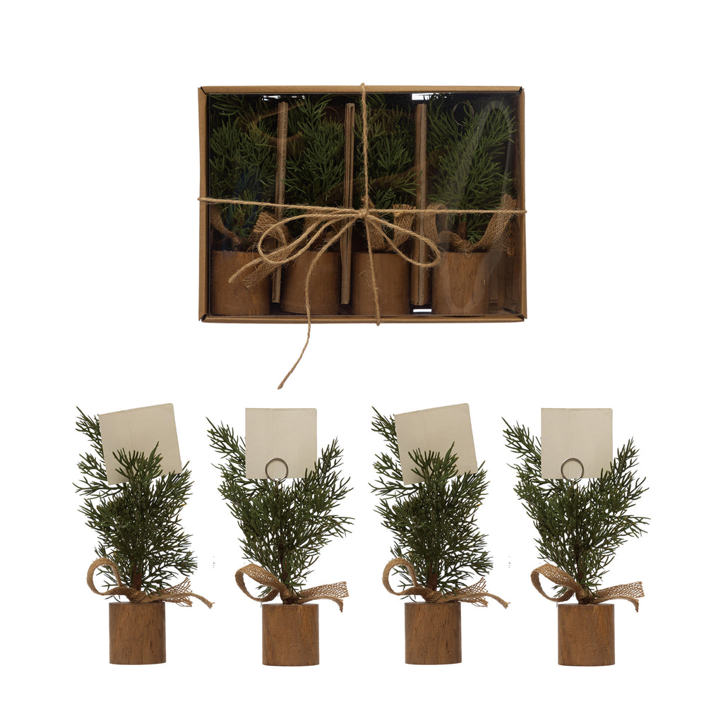 Faux Pine Tree Place Card/Photo Holders with Wood Bases